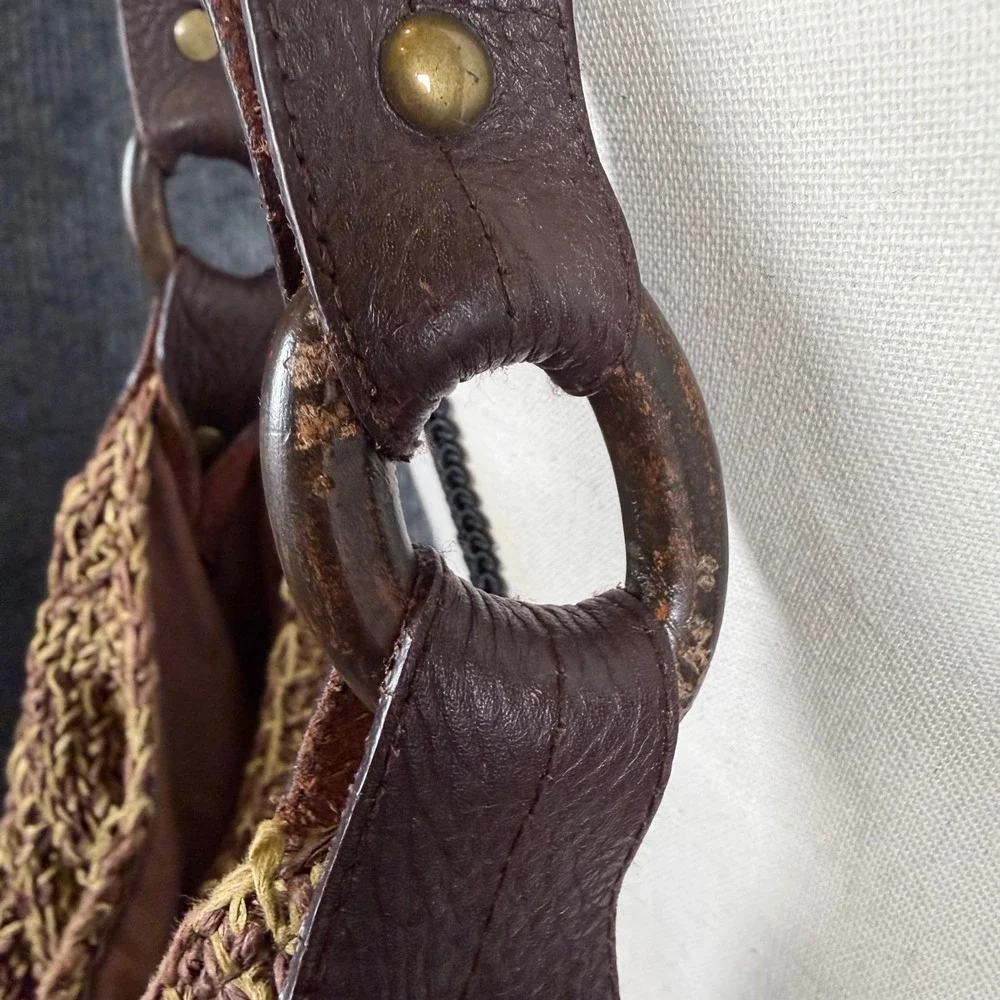 Vintage GAP 2001 Woven Raffia Hobo Bag Brown Leather Strap Textured Boho Earthy